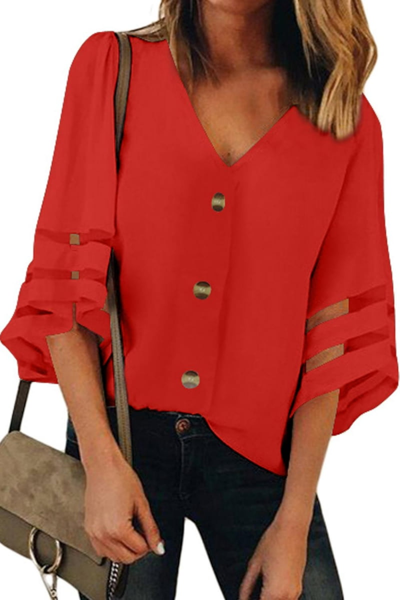 Red Flare Sleeve V Neck Button Down ...